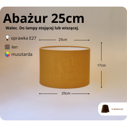 Abażur walec 25cm do lampy stojącej lub wiszącej E27- naturalny len- musztarda