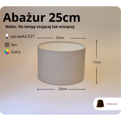 Abażur walec 25cm do lampy stojącej lub wiszącej E27- naturalny len- szary